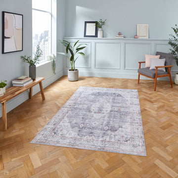 Washable Tabriz H1156 Traditional Vintage Distressed Medallion Border Textured Lightweight Printed Polyester Flatweave Grey Rug-Think Rugs-Rug Love - The Most Loved Rug Store